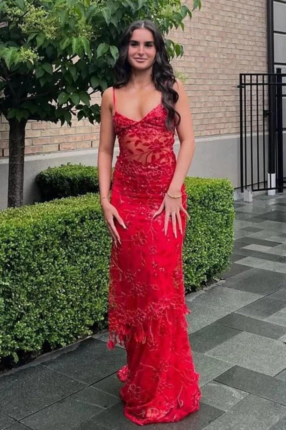 Hot Mermaid Spaghetti Straps Red Long Prom Dress With Embroidery Formal Evening Gown