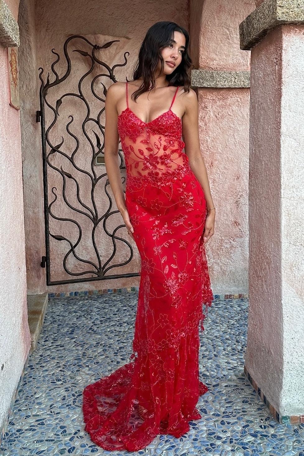Hot Mermaid Spaghetti Straps Red Long Prom Dress With Embroidery Formal Evening Gown
