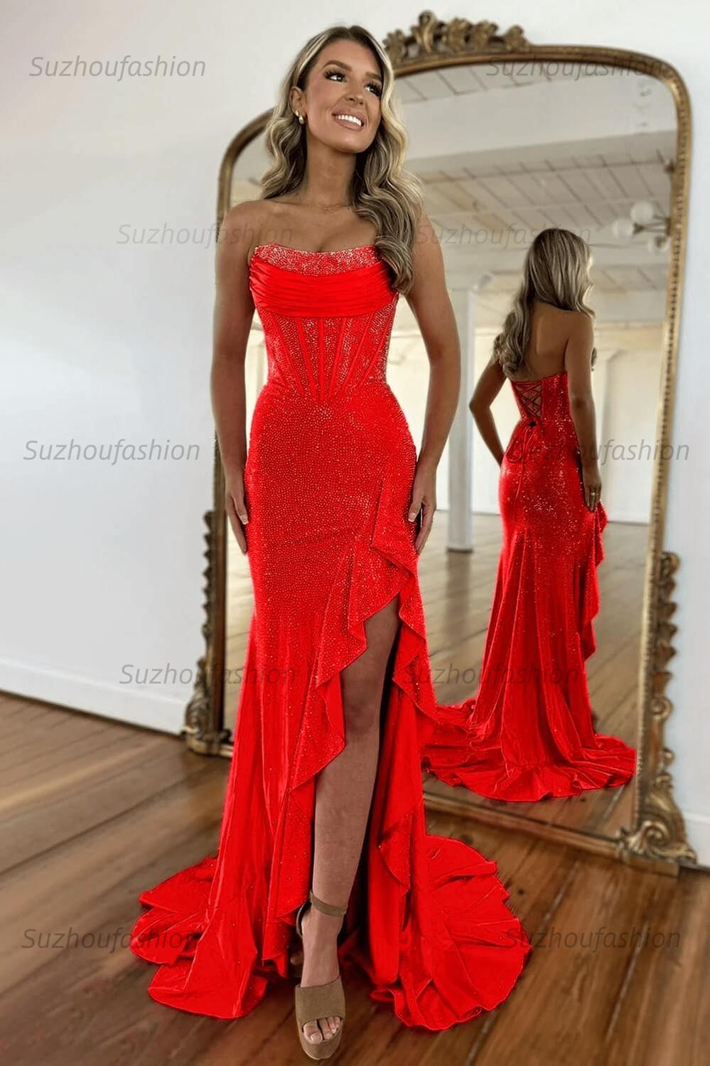 Hot Pink Beaded Prom Dress Corset Ruffled Strapless Formal Dress With Slit