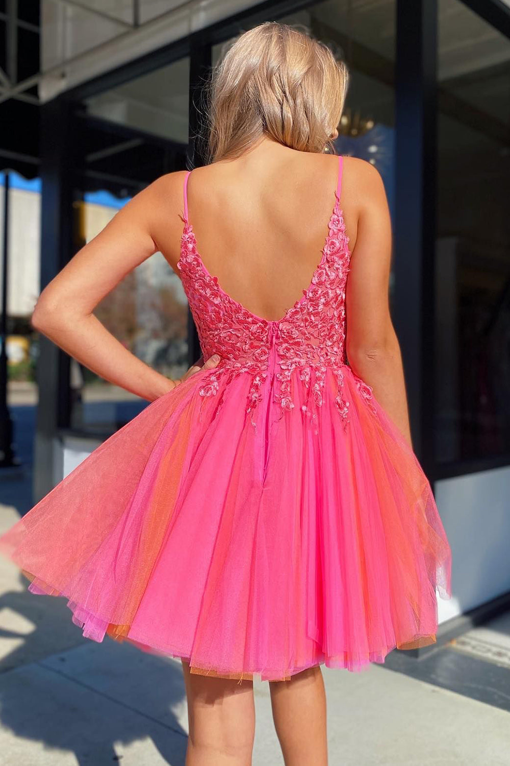 Hot Pink Homecoming Dresses A-Line Tulle Short Cocktail Dresses with Lace