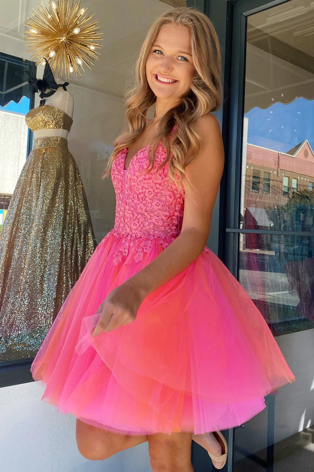 Hot Pink Homecoming Dresses A-Line Tulle Short Cocktail Dresses with Lace