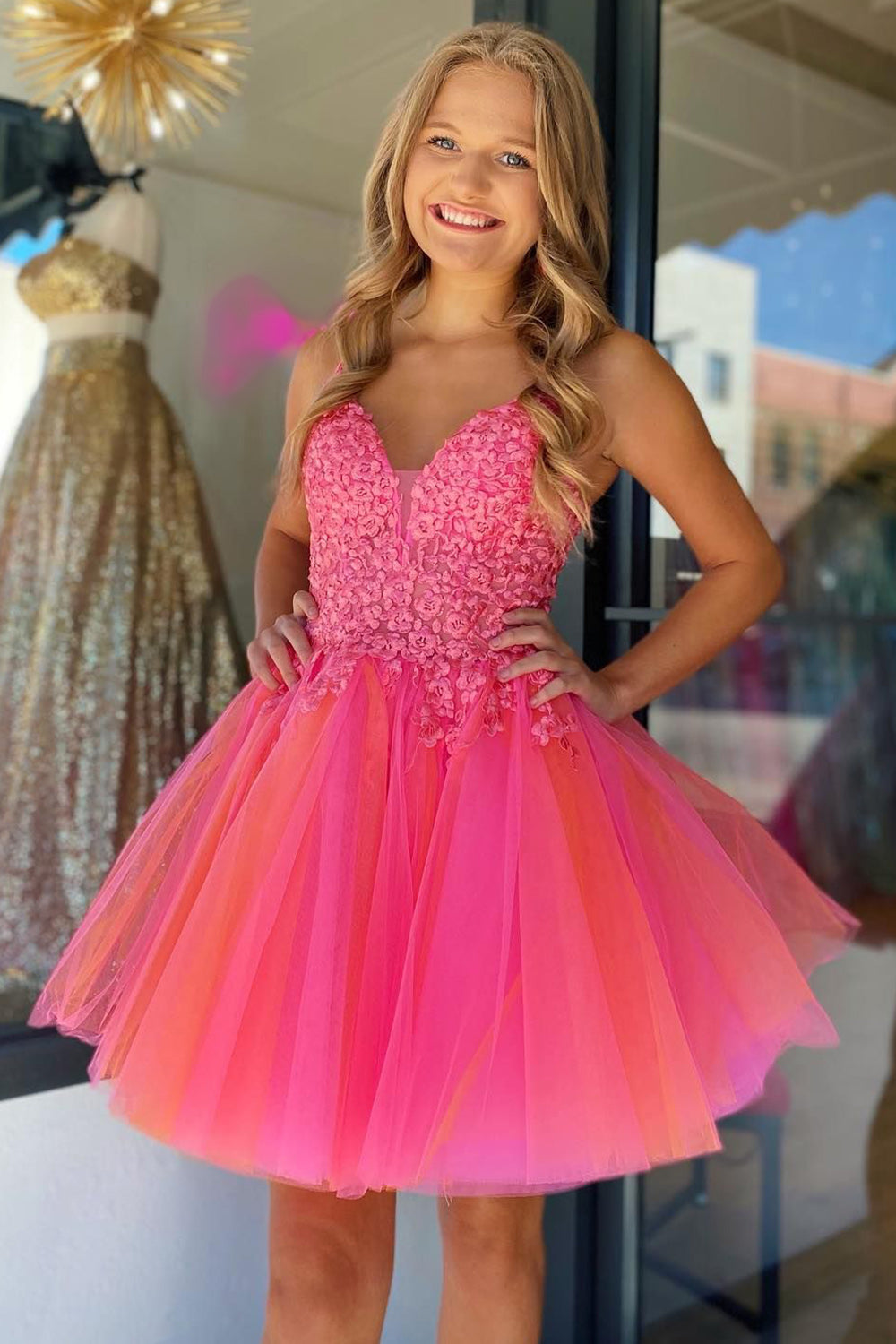 Hot Pink Homecoming Dresses A-Line Tulle Short Cocktail Dresses with Lace