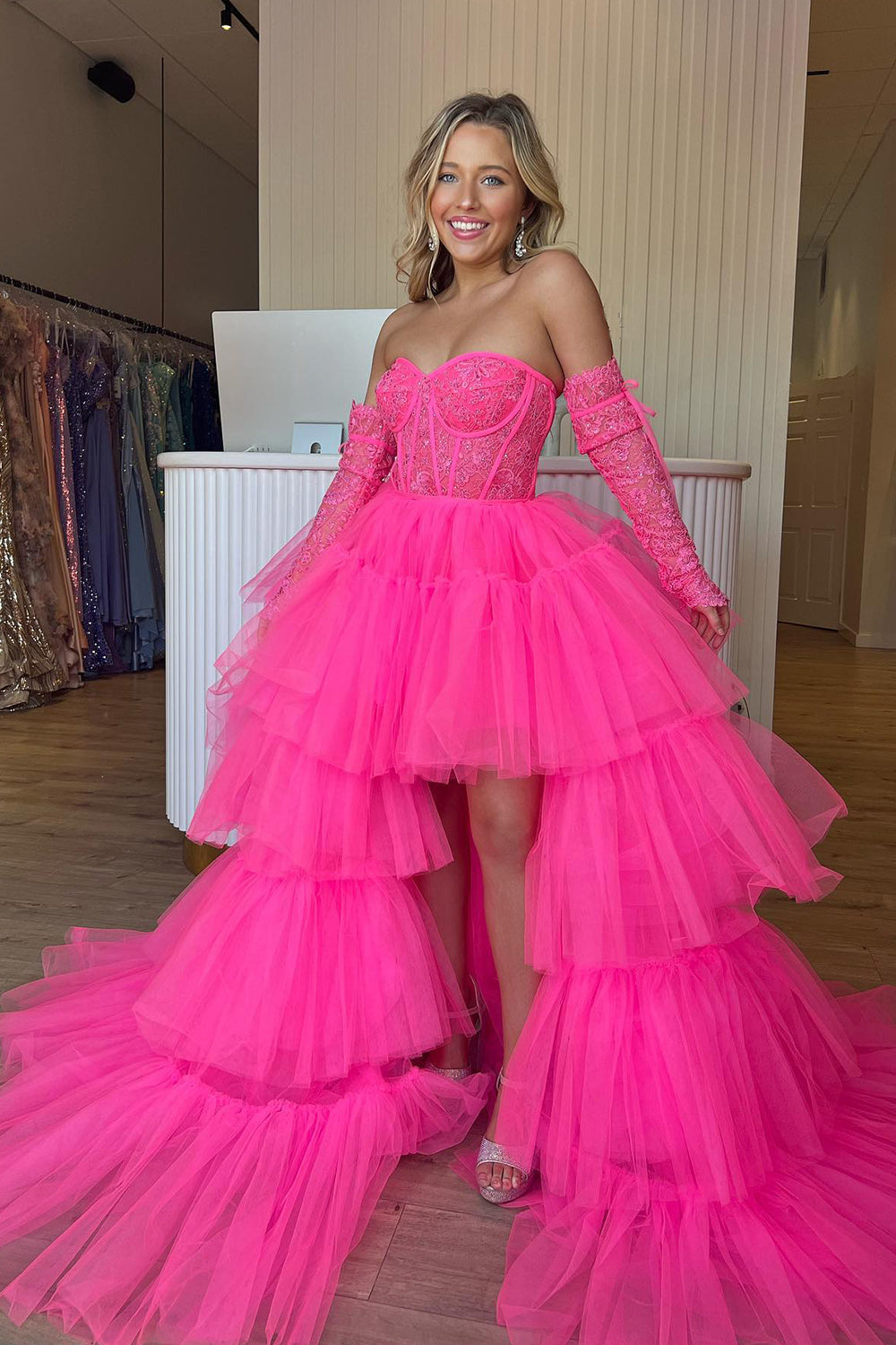 Hot Pink Homecoming Dresses High Low Detachable Sleeves Corset Prom Dress with Lace