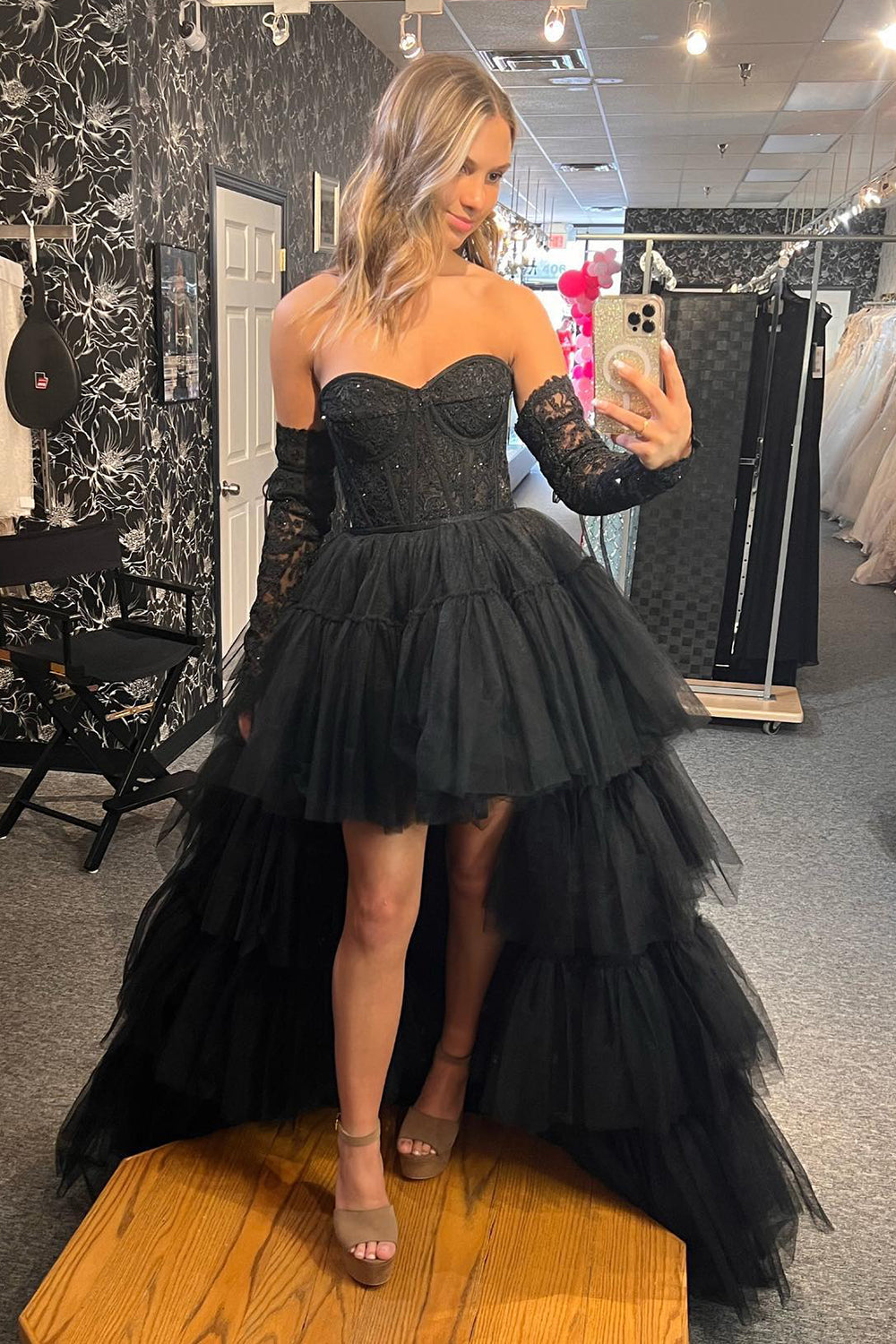 Hot Pink Homecoming Dresses High Low Detachable Sleeves Corset Prom Dress with Lace
