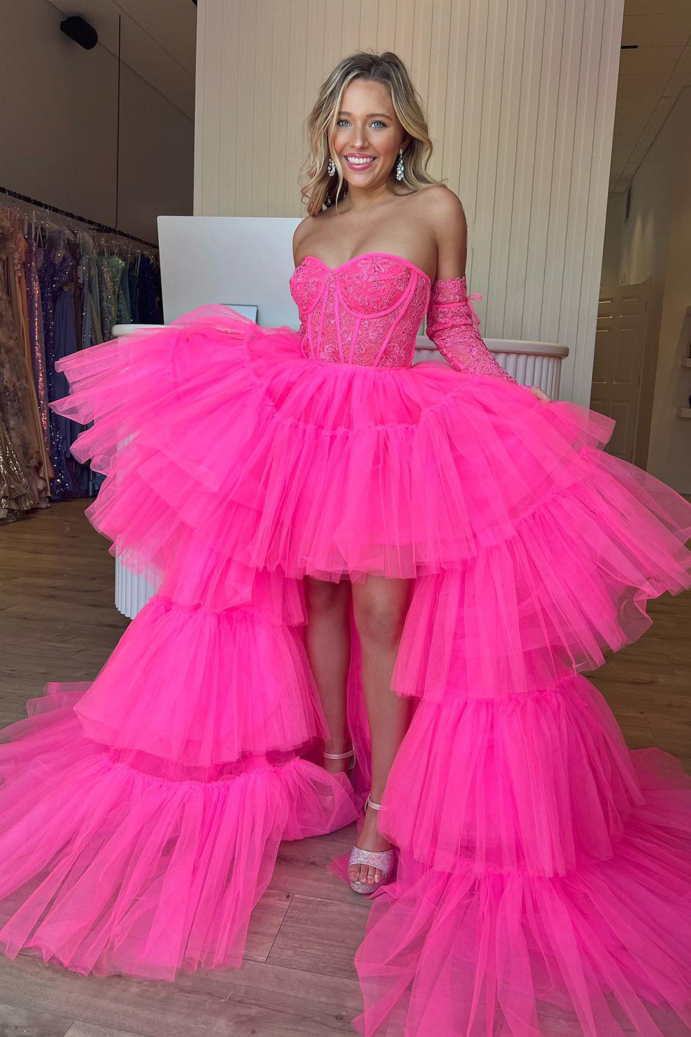 Hot Pink Homecoming Dresses High Low Detachable Sleeves Corset Prom Dress with Lace