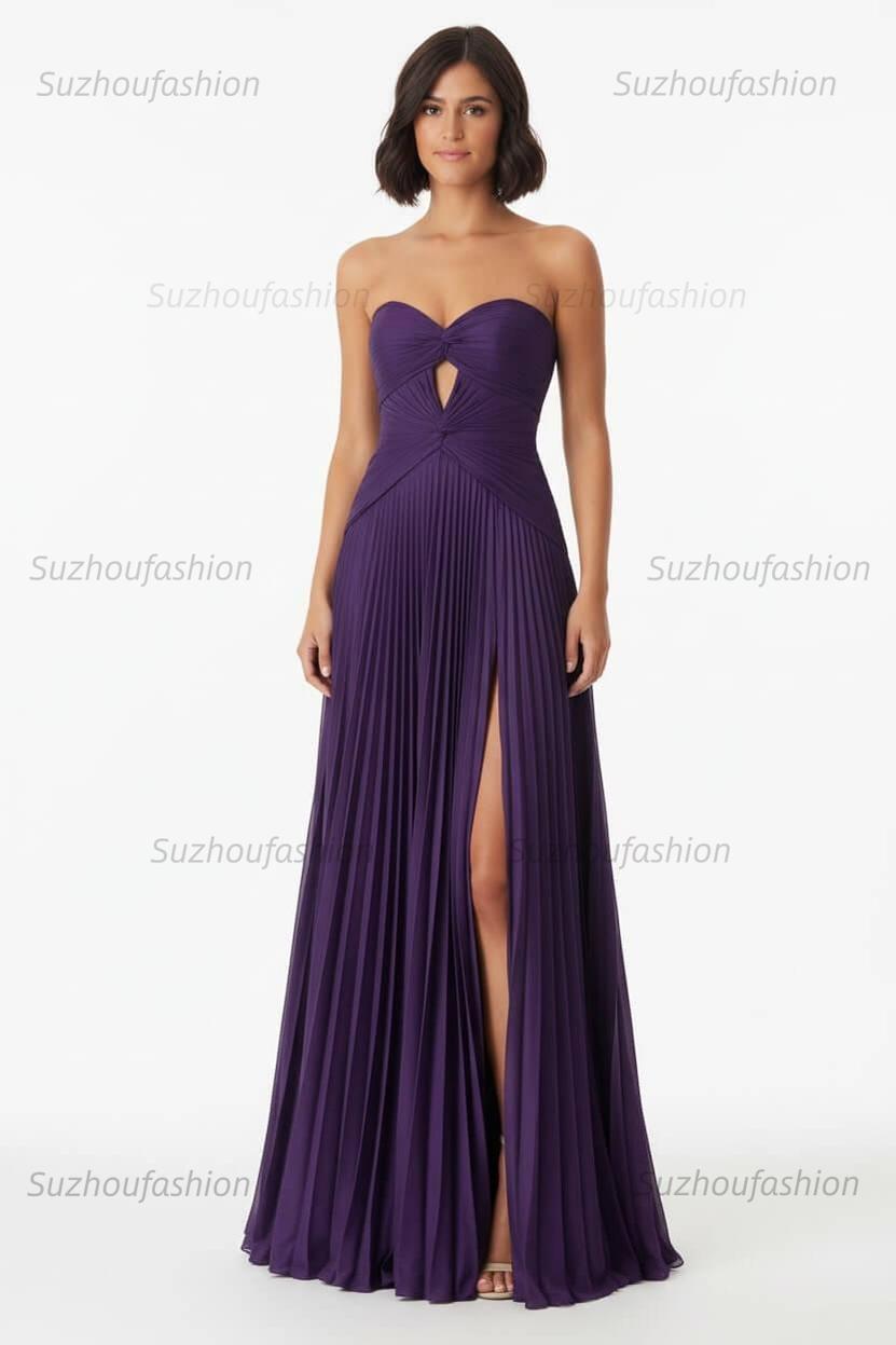Hot Pink Prom Dress A Line Strapless Keyhole Pleated Evening Dress