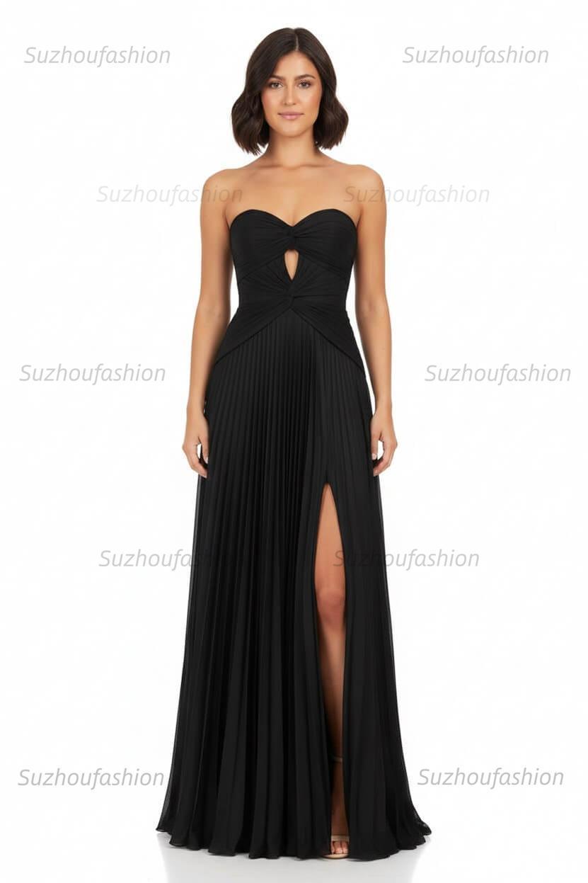 Hot Pink Prom Dress A Line Strapless Keyhole Pleated Evening Dress