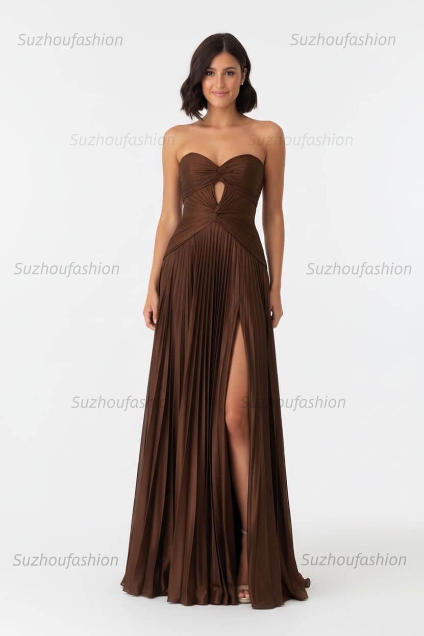 Hot Pink Prom Dress A Line Strapless Keyhole Pleated Evening Dress