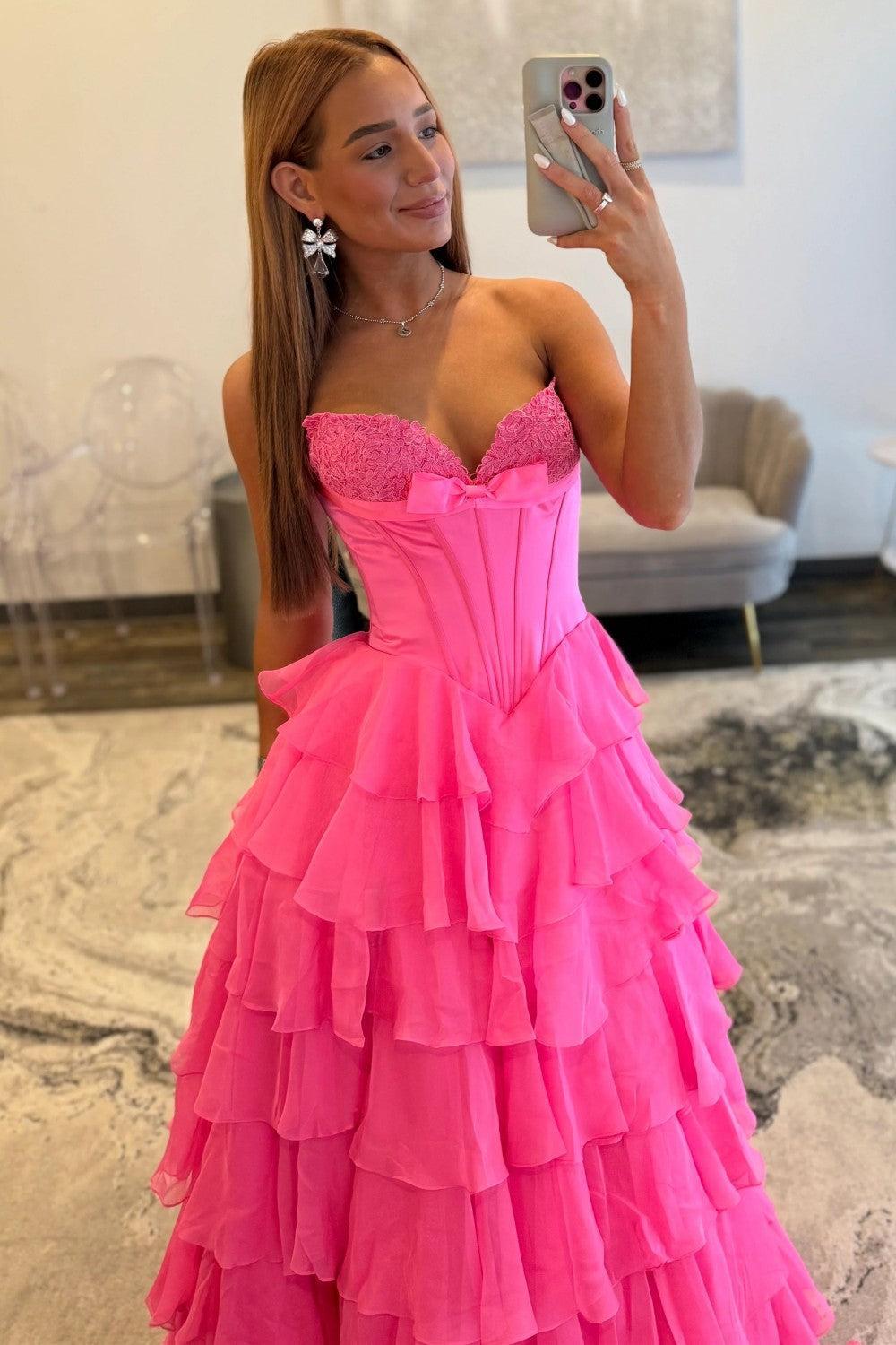 Hot Pink Sweetheart A-Line Prom Gown With Tiered Ruffles And Corset Bodice Formal Evening Gown