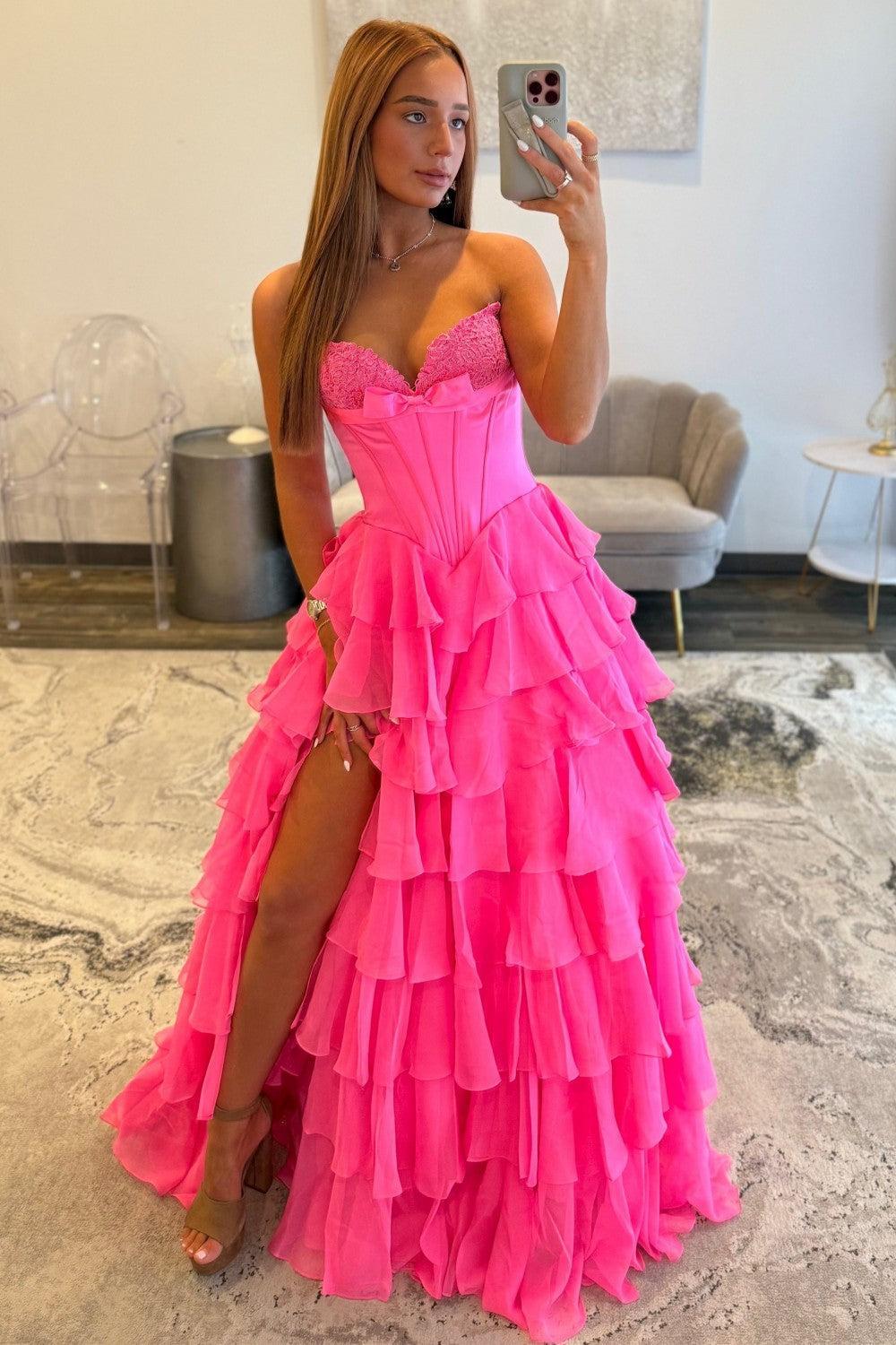 Hot Pink Sweetheart A-Line Prom Gown With Tiered Ruffles And Corset Bodice Formal Evening Gown
