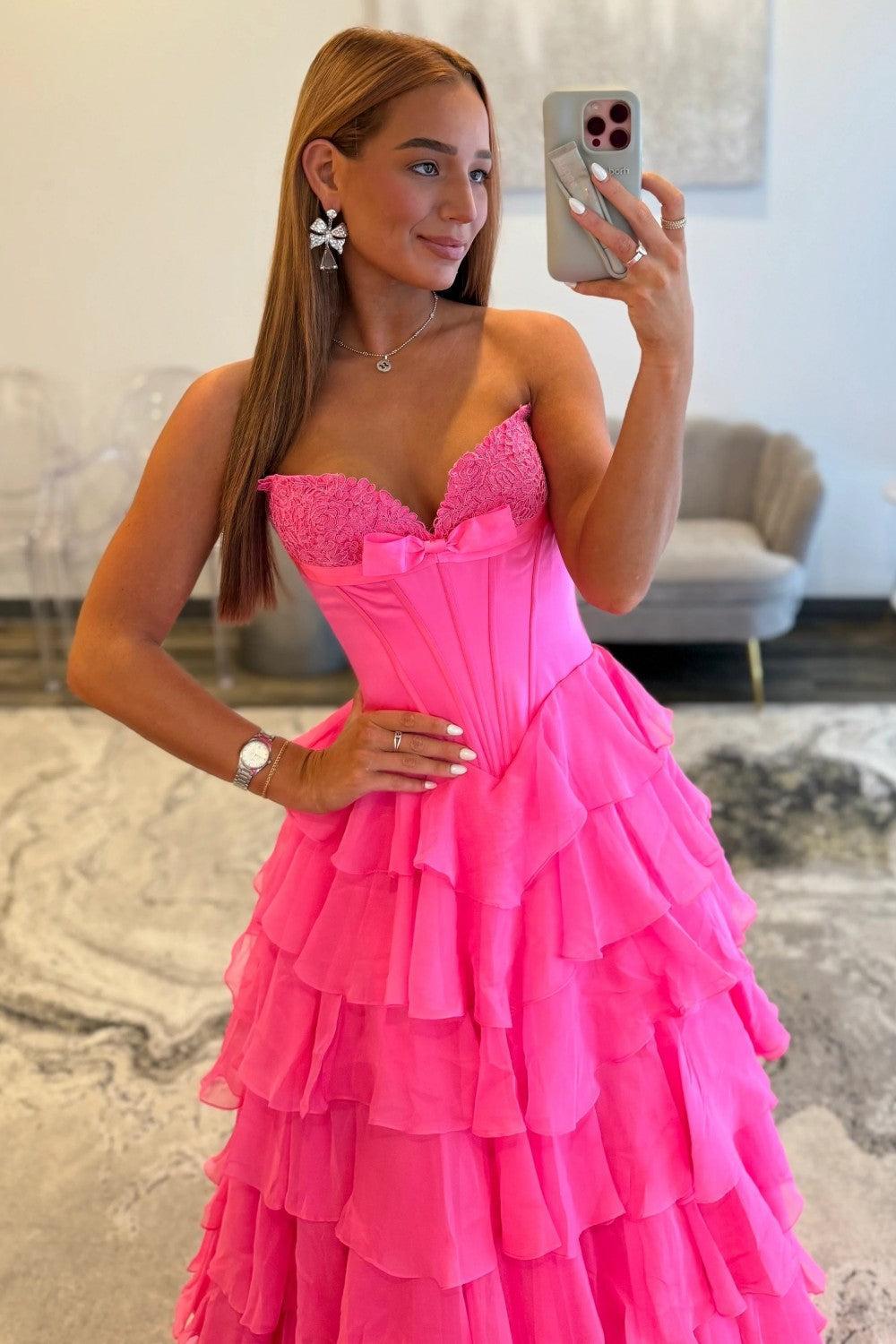 Hot Pink Sweetheart A-Line Prom Gown With Tiered Ruffles And Corset Bodice Formal Evening Gown