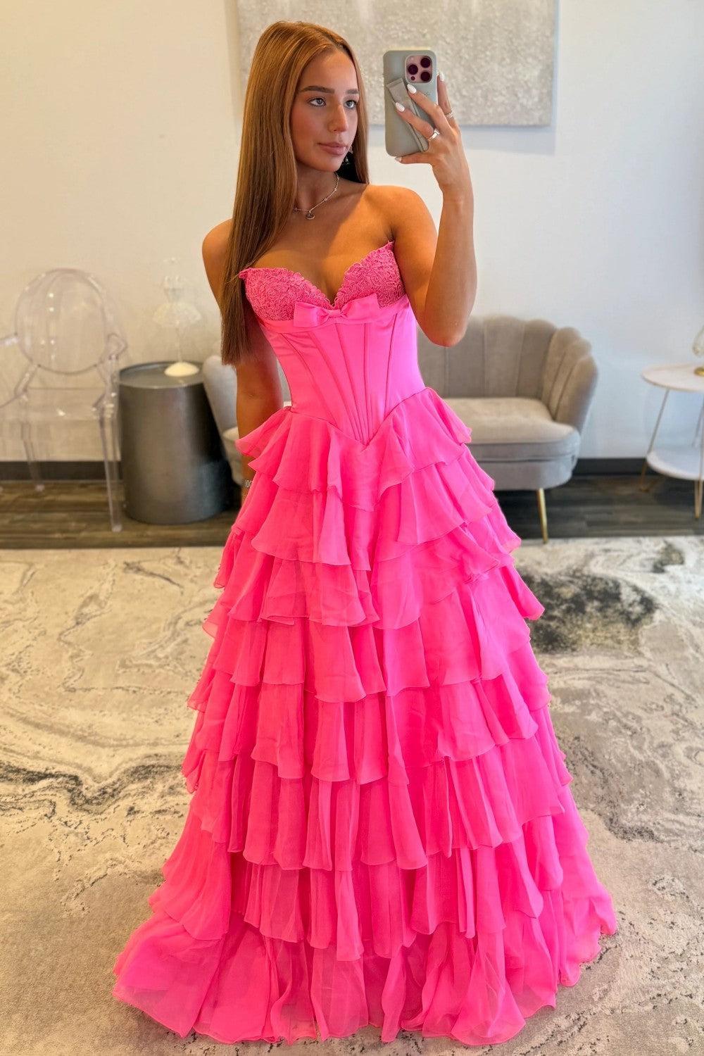 Hot Pink Sweetheart A-Line Prom Gown With Tiered Ruffles And Corset Bodice Formal Evening Gown