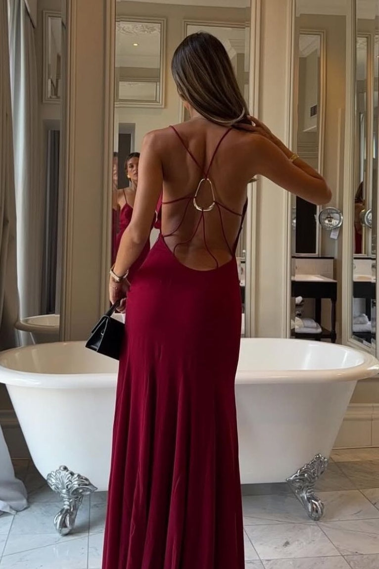 Hot A Line Spaghetti Straps Red Long Prom Dress with Open Back