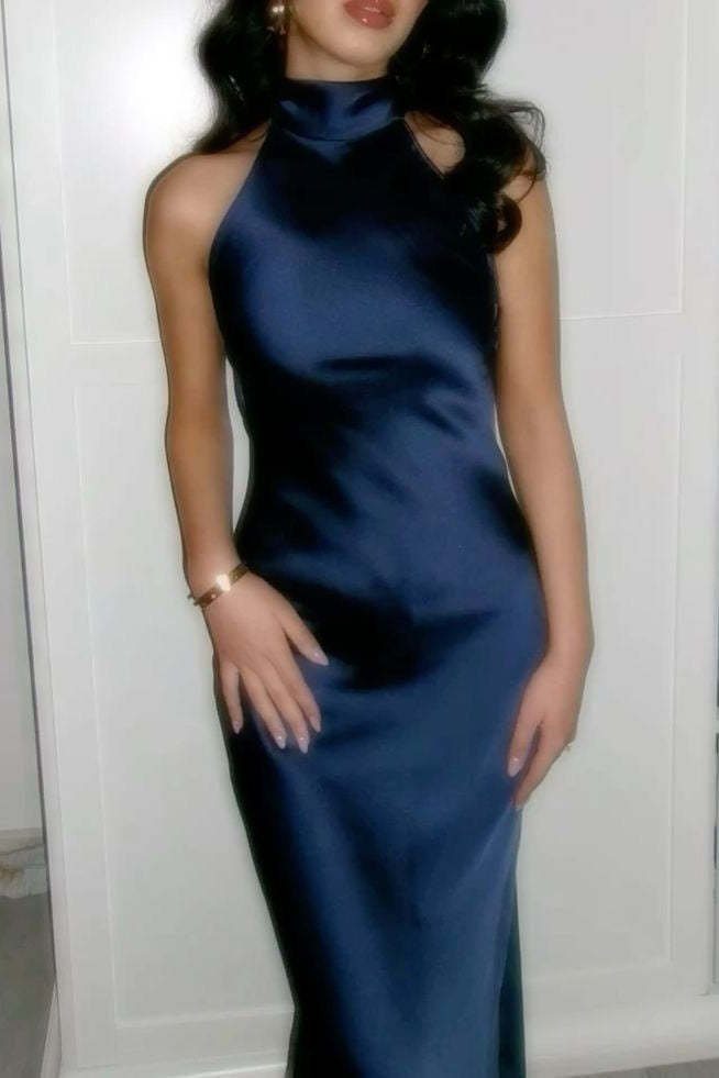Hot Mermaid Halter Neck Dark Green Satin Long Party Dress with Open Back