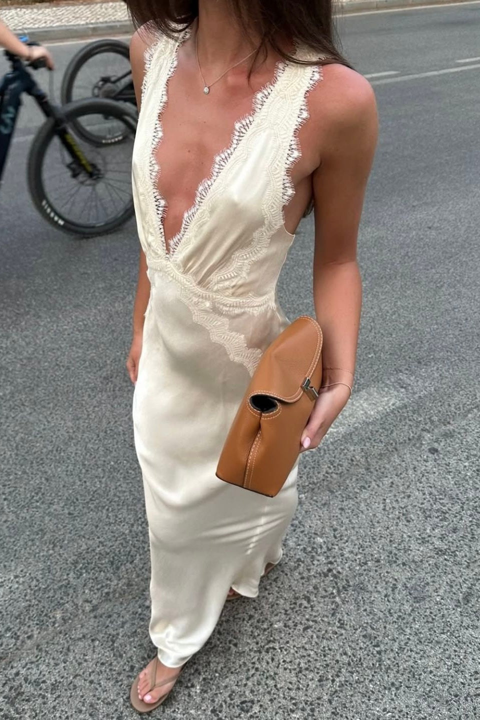 Trendy Sheath Deep V Neck Ivory Long Party Dress with Lace
