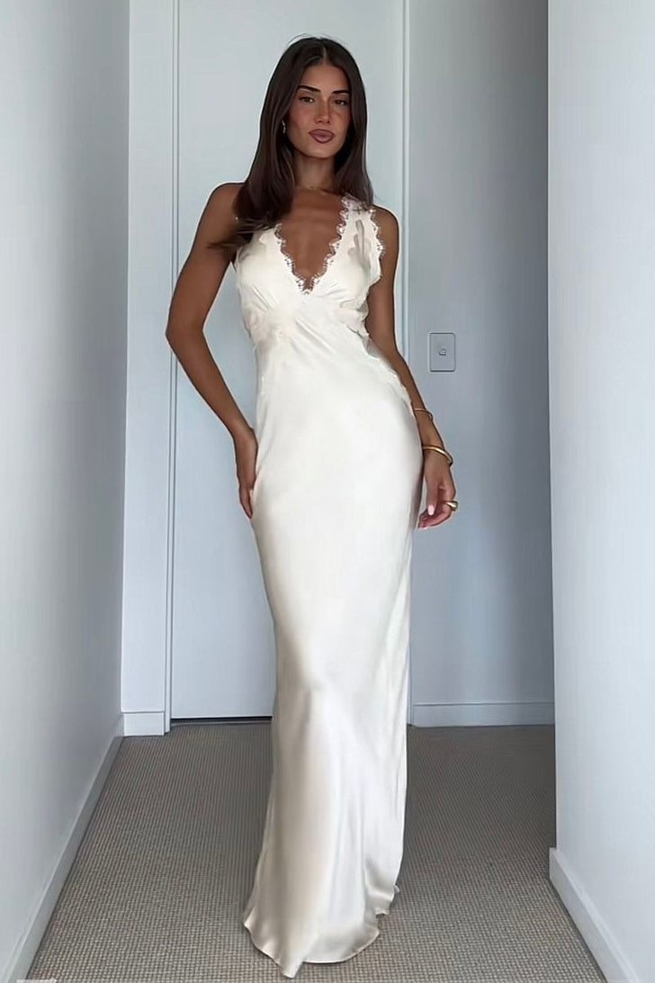 Trendy Sheath Deep V Neck Ivory Long Party Dress with Lace
