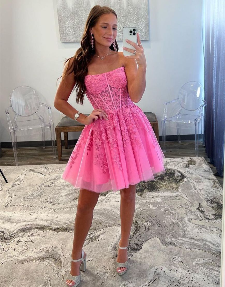Hot Pink A-Line Strapless Tulle Homecoming Dress With Appliques - View 3 | VelvetHem