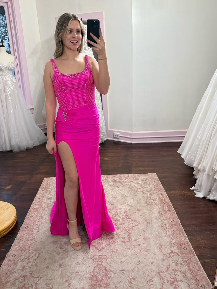 Hot Pink Satin Beaded Scoop Neck Bodice Prom Dress with Ruched Slit - VelvetHem