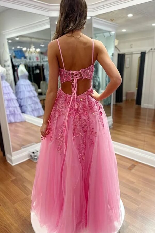 Tulle A Line Lace Appliques Floor Length Prom Dresses With Slit