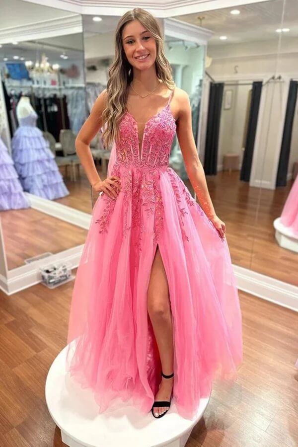 Tulle A Line Lace Appliques Floor Length Prom Dresses With Slit - VelvetHem