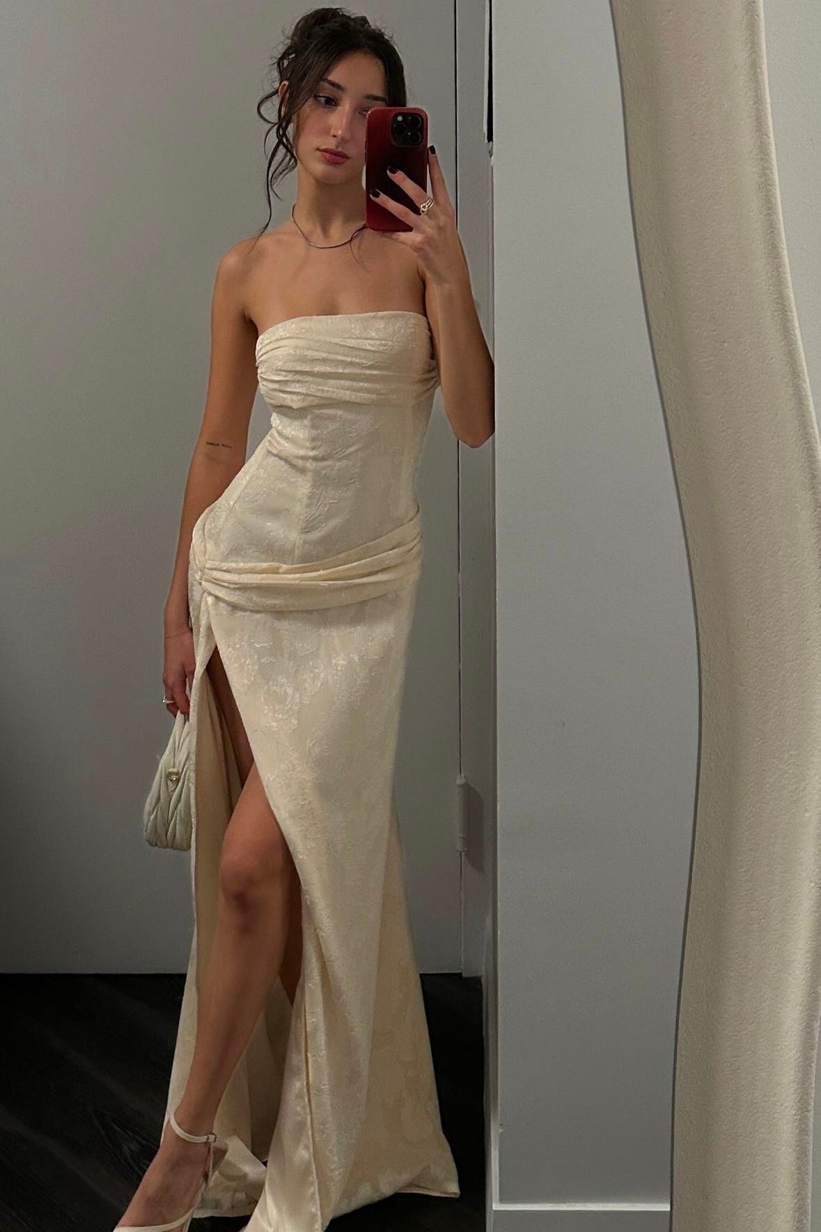Hot Sheath Strapless Ivory Long Party Dress with Ruched