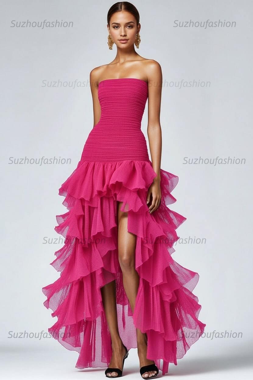 Black Wedding Guest Dress Strapless Tulle Long Ruffled Formal Dress With Slit