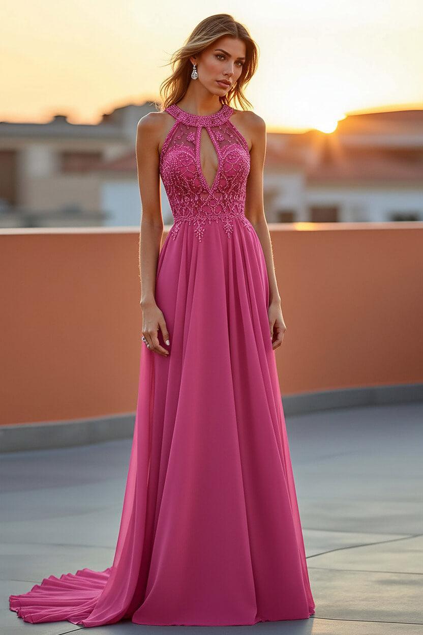 Beaded Navy Wedding Guest Dress Halter Long Formal Dress With Embroideries
