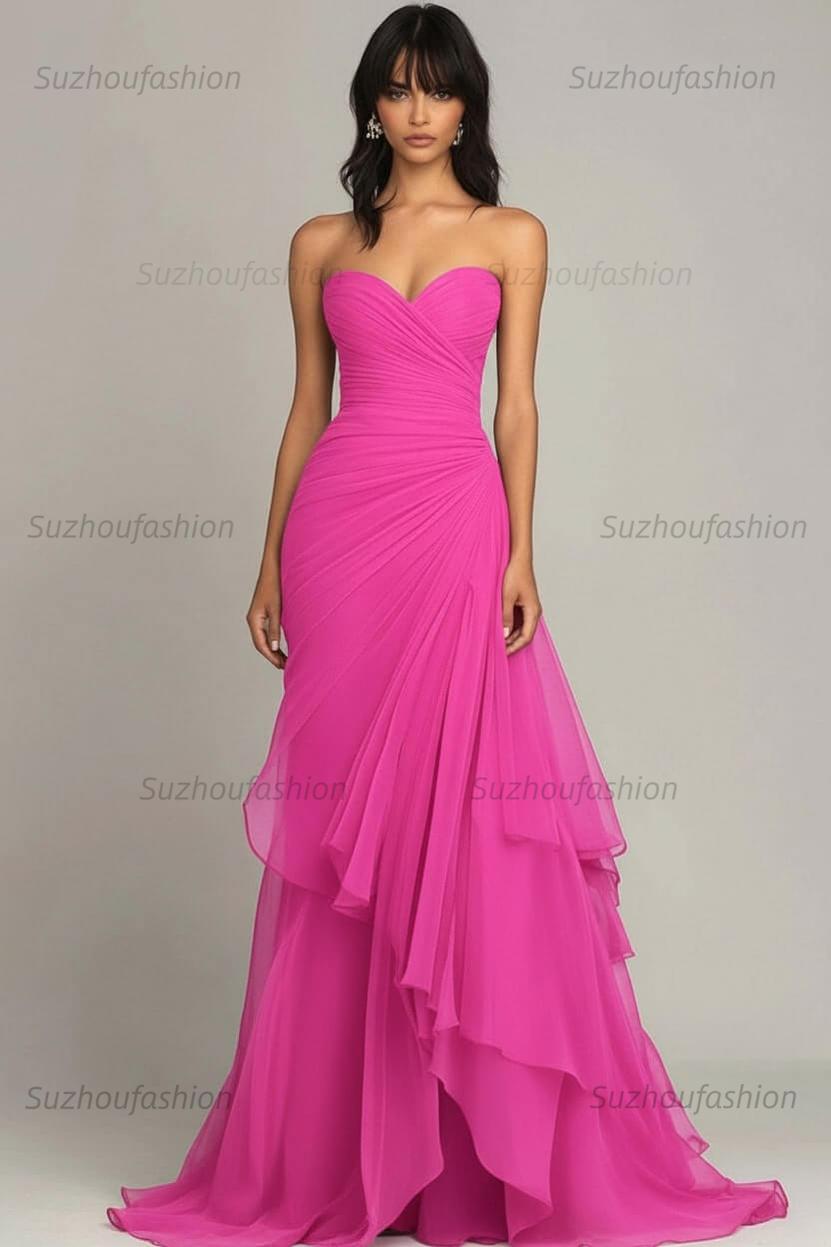 Elegant Sweetheart Ruched Dark Brown Long Formal Dress With Ruffles