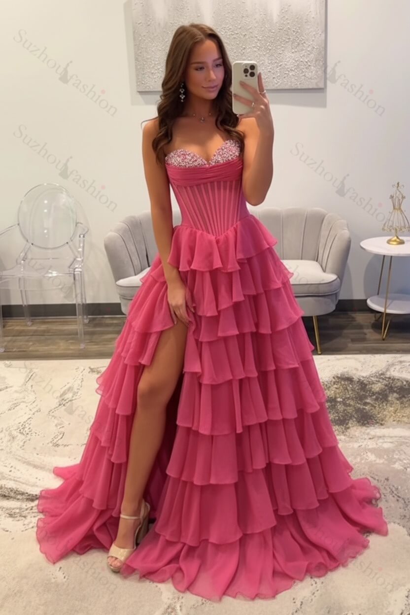 Ruffled Black Prom Dress A Line Corset Long Formal Dress With Beadings