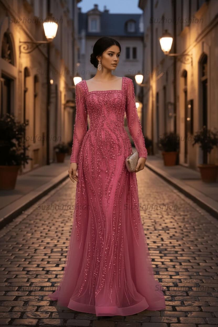 Square Neck Long Sleeves Long Mermaid Evening Formal Dress With Beading Tulle