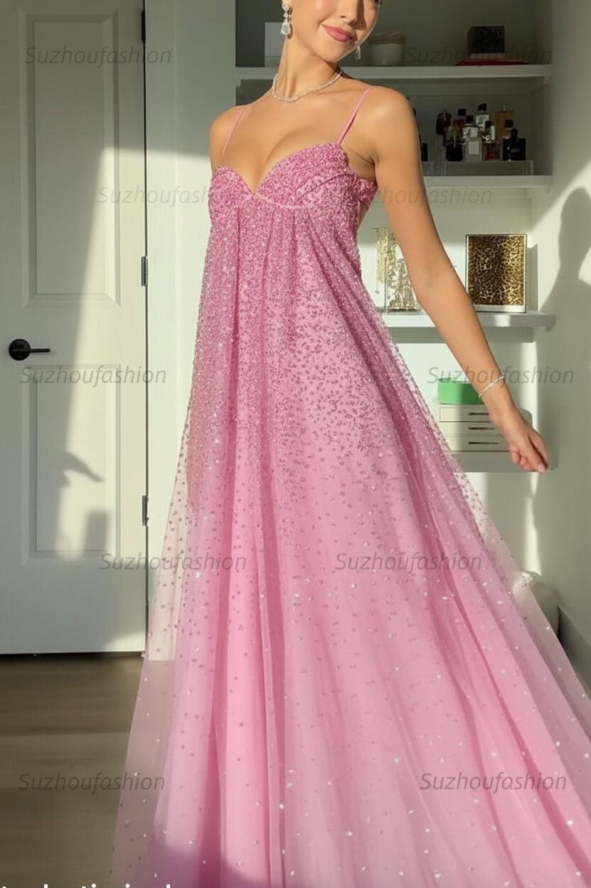 Suzhoufashion Bling A Line Spaghetti Straps Grey Blue Long Party Dress With Beading Formal Evening Gown