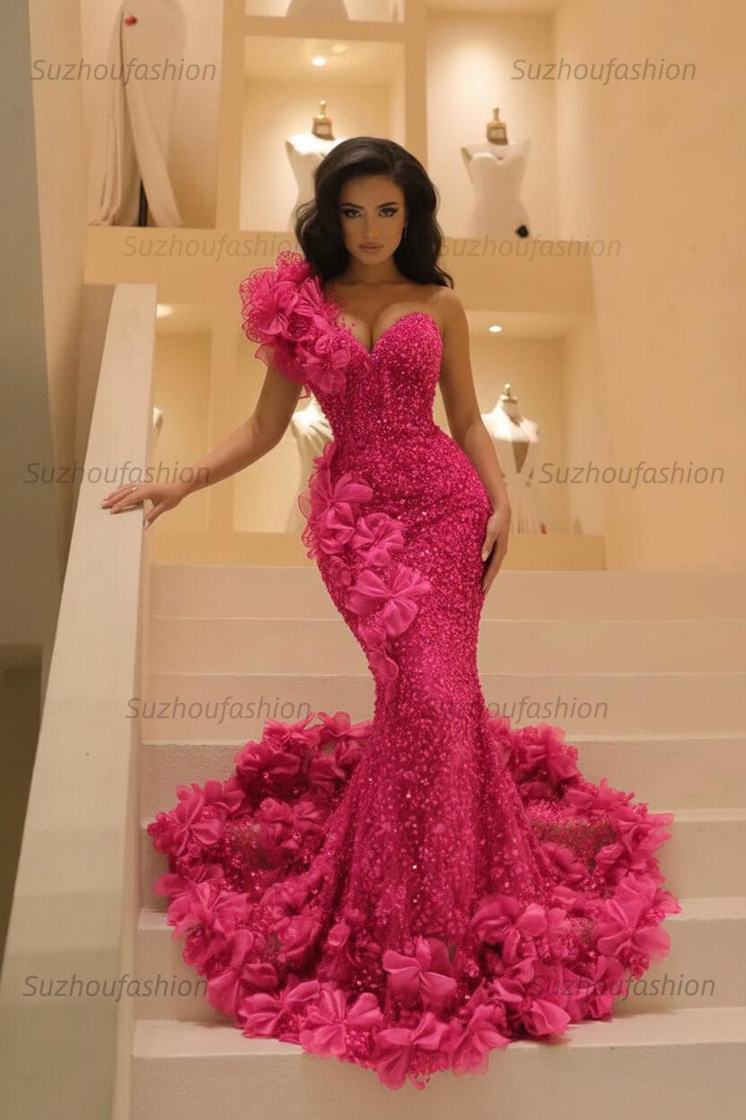 Burgundy One Shoulder Prom Dress Mermaid Sequined Formal Evening Dress with 3D Flowers