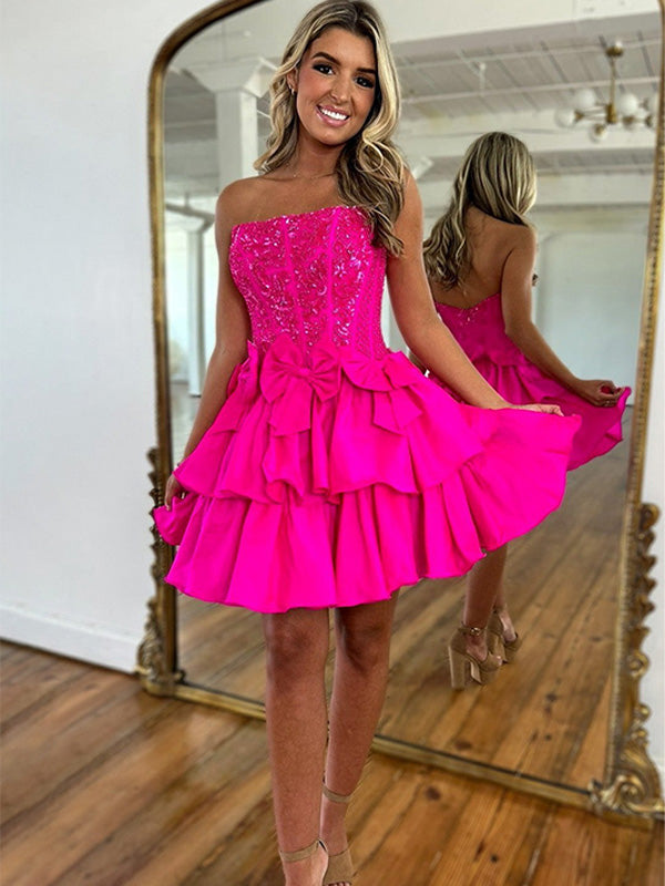 A-Line Strapless Short Satin Homecoming Dress With Beading - VelvetHem