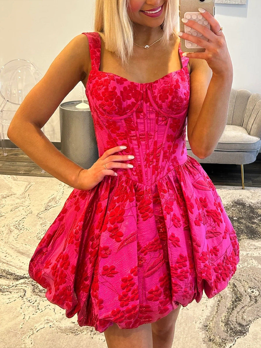 A-Line Sweetheart Straps Boned Satin Floral Homecoming Dress - VelvetHem
