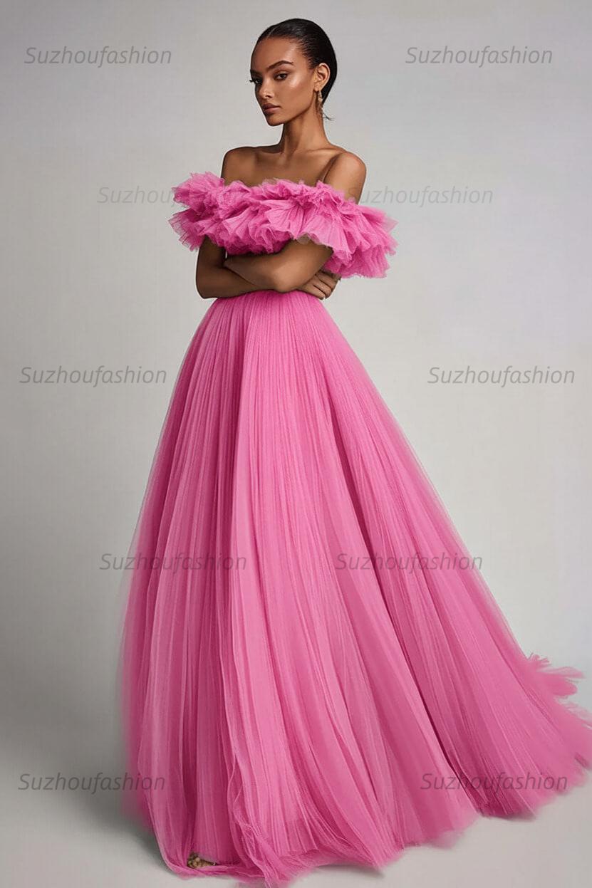 Dusty Sage Prom Dress Tulle A Line Long Formal Dress With Ruffles