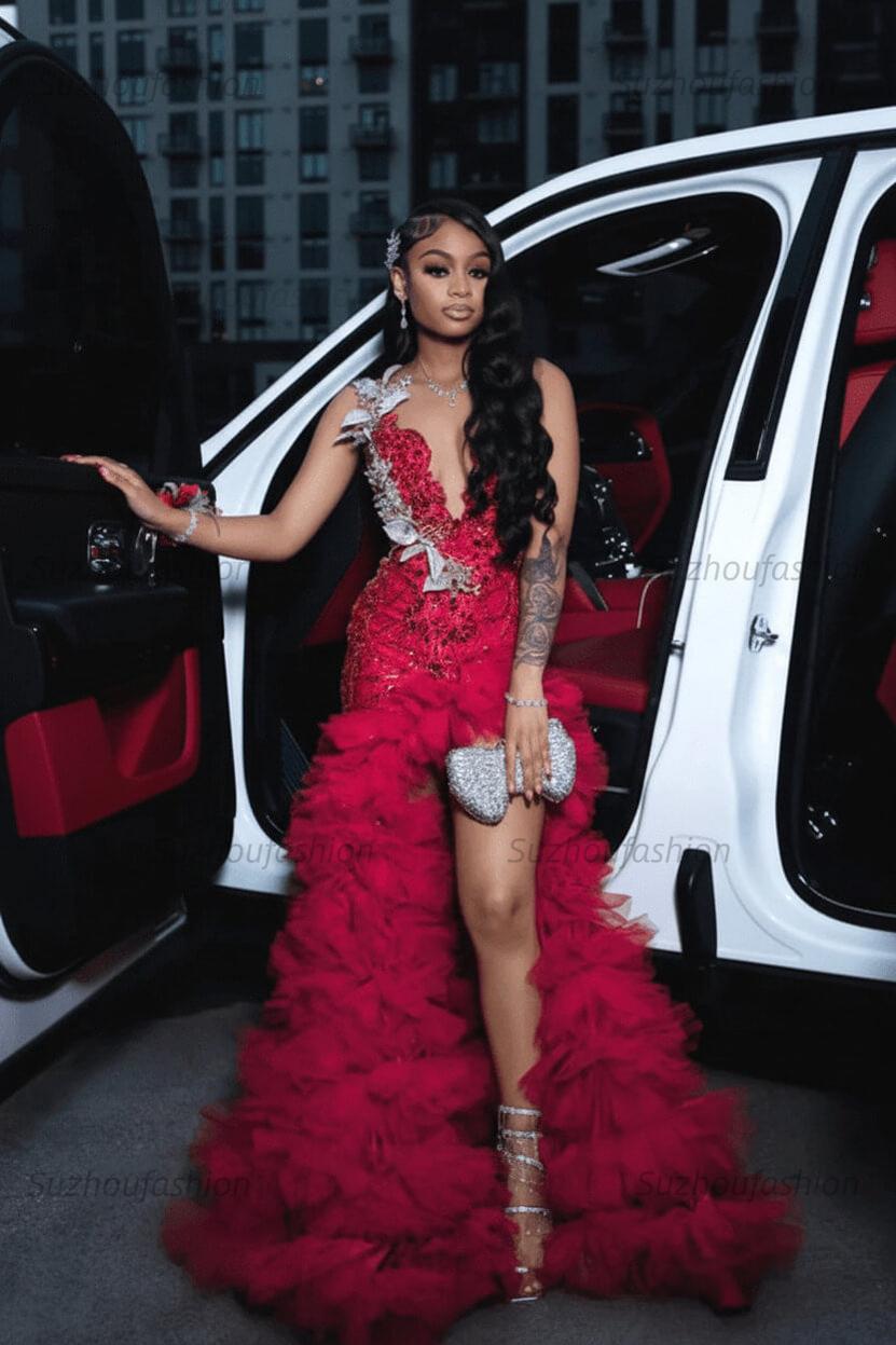 Red Tulle Ruffled Prom Dress Sequined V Neck Formal Evening Gown with 3D Flowers