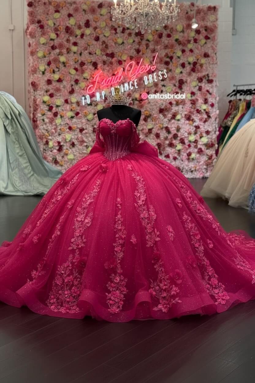 Ball Gown Off Shoulder Sleeveless Pleated 3D Flowers Applique Bow Knot Sparkly Pink Tulle Quinceanera Dress Birthday Party Dress Evening Formal Gown For Sweet 16