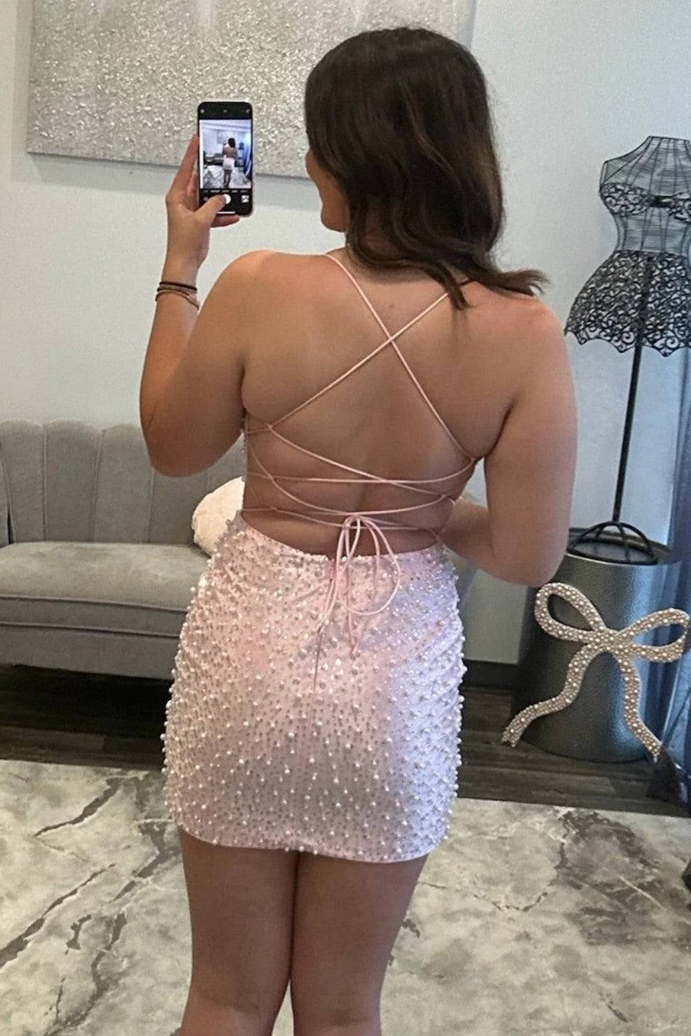Hot Sheath Spaghetti Straps Champagne Short Homecoming Dress with Pearls