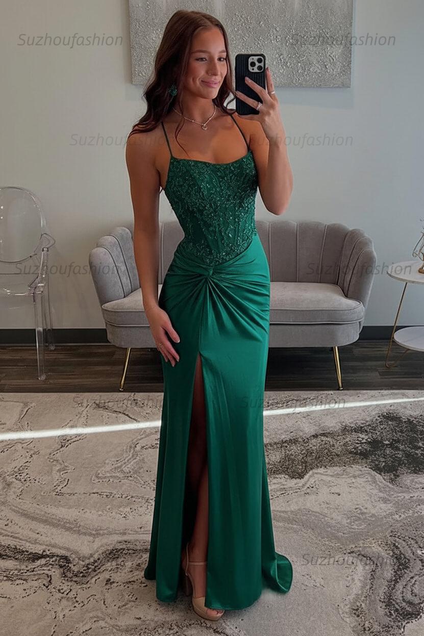 Red Prom Dress Spaghetti Straps Ruhed Long Lace Formal Dress With Appliques