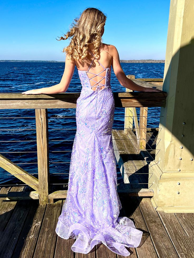 Sparkly Spaghetti Straps Lace Sequins Evening Dress,Purple Mermaid Prom Dress Party Gown - View 4 | VelvetHem