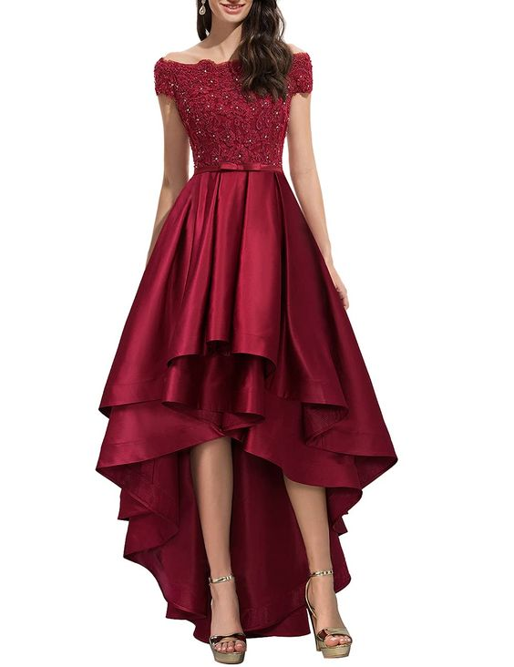 Off Shoulder Prom Dresses High Low Formal Gowns Evening Dress Lace Appliques Y5685 - VelvetHem
