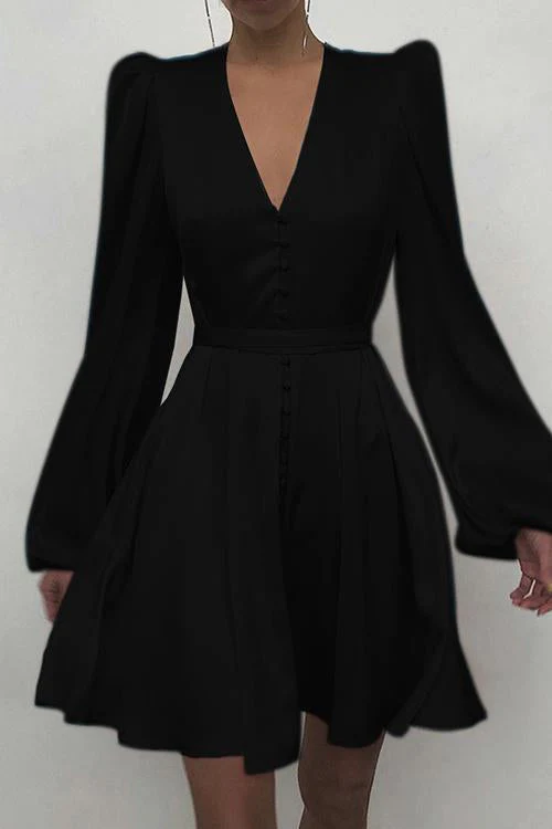 Satin V Neck Puff Long Sleeve Mini Dress Black Short Party Dress