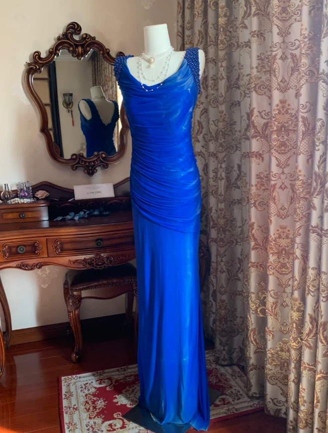 Sexy Royal Blue Tulle Pleated Beaded Mermaid Long Wedding Guest Dress Evening Dress - View 3 | VelvetHem