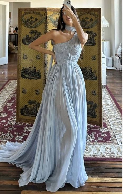 Charming Light Blue One Shoulder Pleated Long Party Prom Dress - VelvetHem