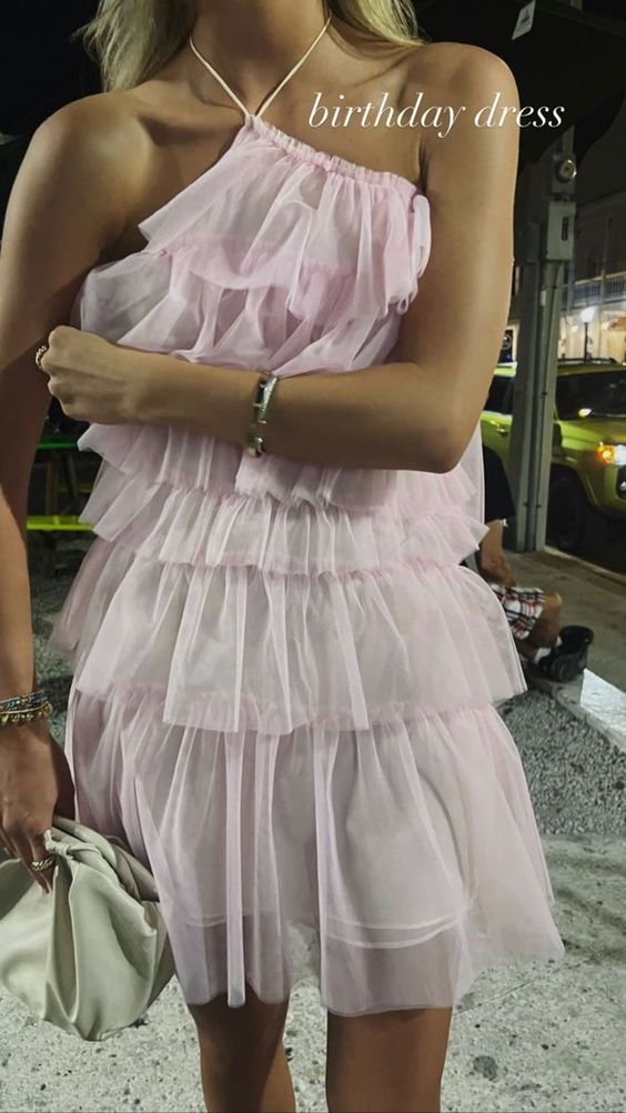 Pink Halter Neckline Multi-layered Tulle Homecoming Dress,21th Birthday Party Dress - VelvetHem