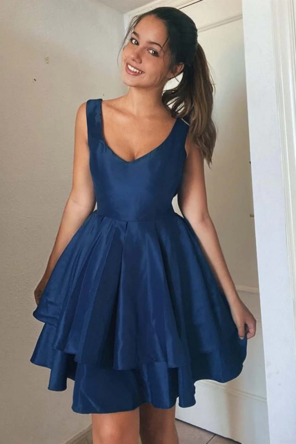 A Line Open Back Layered Blue Short Dresses, Layered Blue Homecoming Dresses, Blue Formal Evening Dresses - VelvetHem