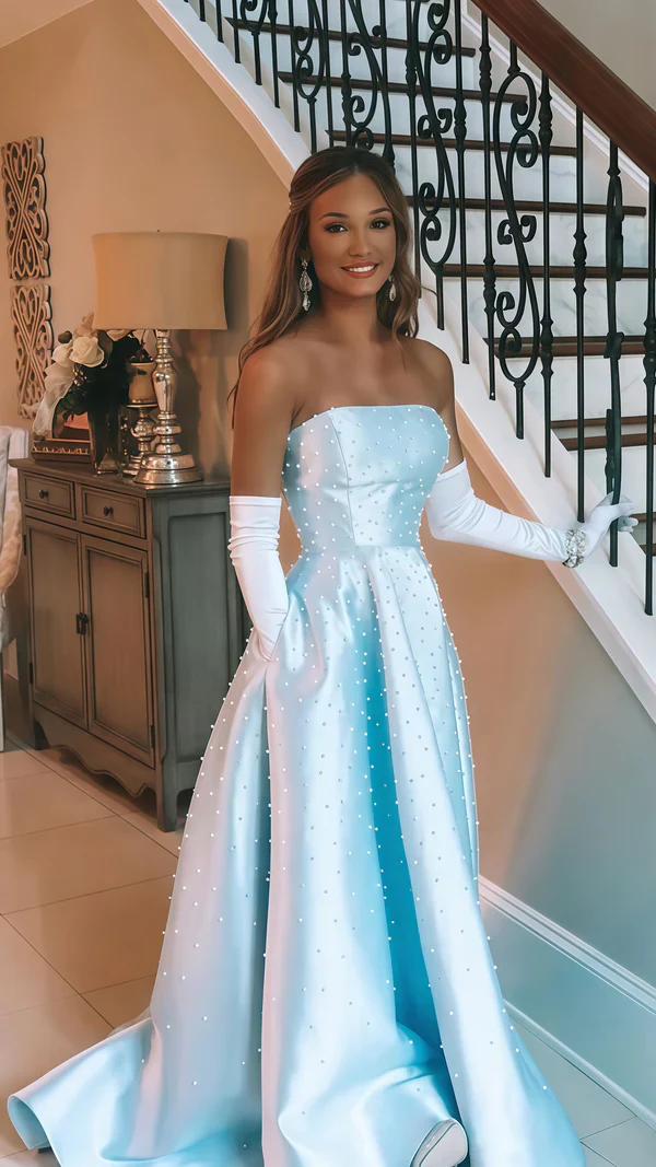Beautiful Strapless Light Blue Pearl Beaded Birthday Party Dress Formal Prom Evening Dress Y8120 - VelvetHem