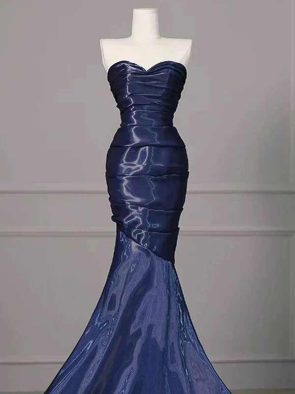 Gorgeous Strapless Navy Blue Evening Dress Ruched Mermaid Prom Party Dress - View 3 | VelvetHem
