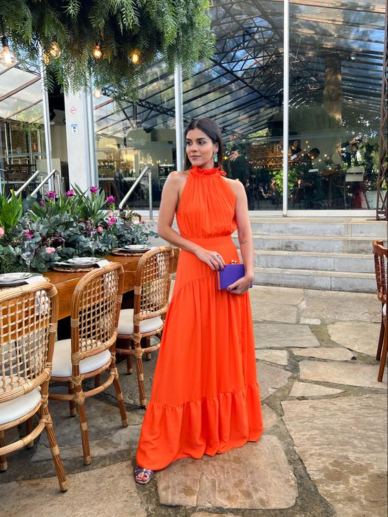 A-line Orange Prom Dress Summer Fashion Halter Pure Color Dress Elegant Style Ladies Swing Dress - VelvetHem
