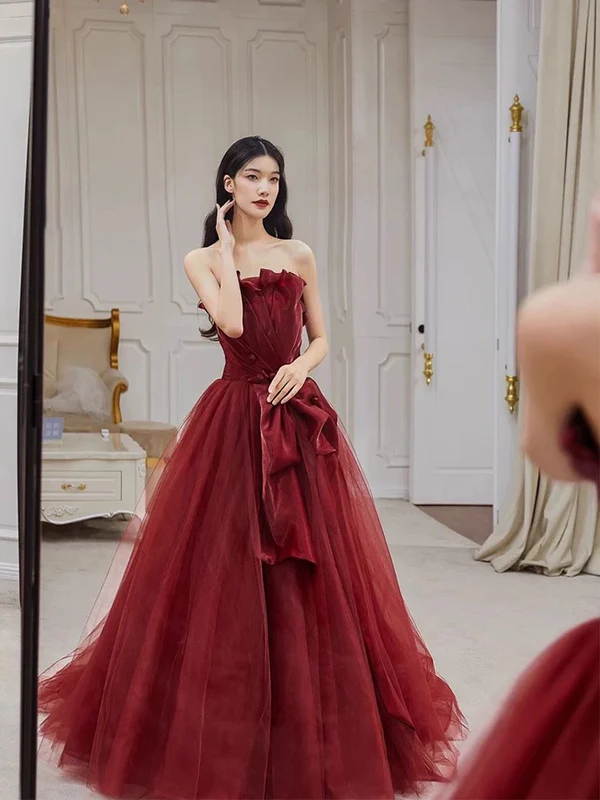 Pretty Burgundy Strapless Tulle Long Prom Dress Party Evening Dress - VelvetHem